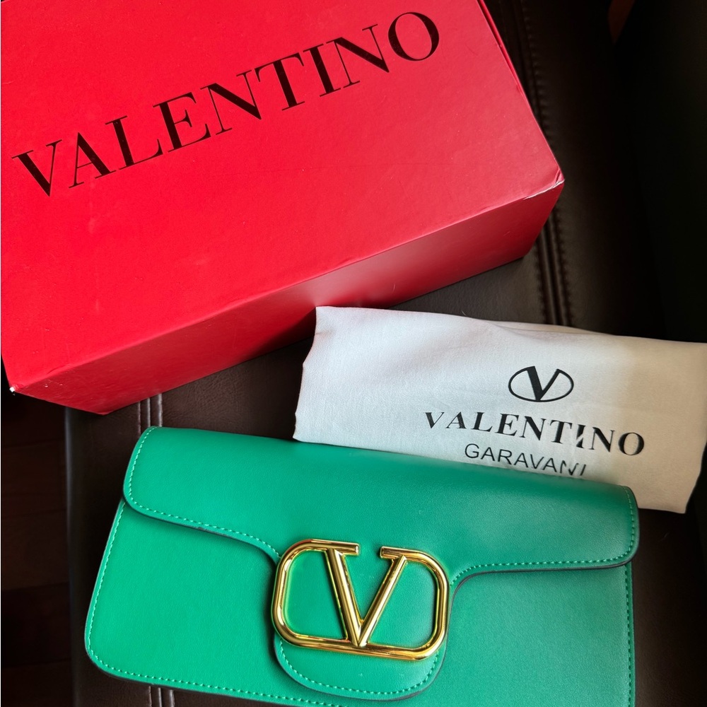 Valentino Garavani Green V Logo Leather Clutch